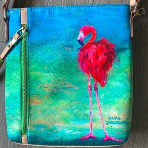 Leona Lovegrove flamingo print vegan leather and nylon cross body.